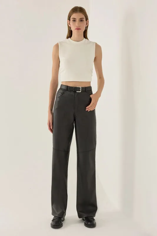 High Waist Faux Leather Straight Leg Pants - Hiccup