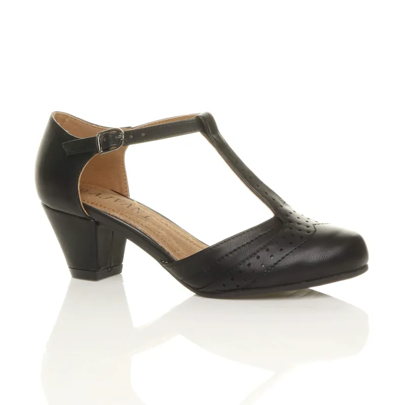 Mid Heel Comfort T-Bar Brogue Heels