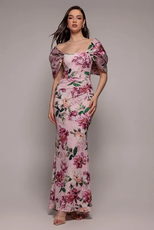 Off Shoulder Floral Bow Back Maxi Dress - Goddiva