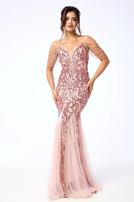 Enora - Pink Jewelled Shoulder Sequin Maxi Dress