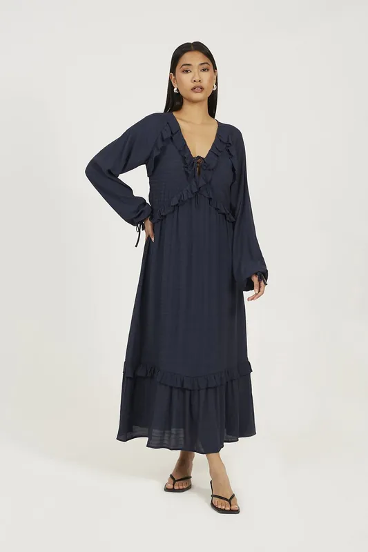 Long Sleeve Maxi Dress With Frill Detail - Brave Soul