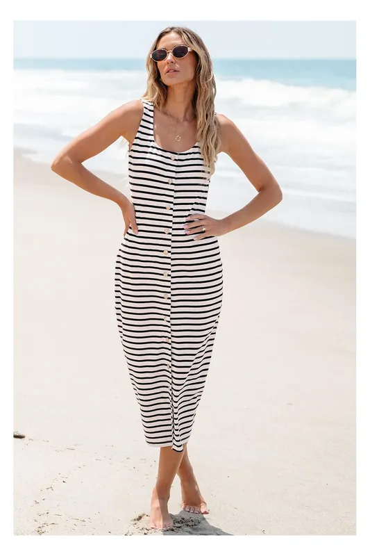 White Striped Print Sleeveless Buttoned Maxi Dress - Everyday The Label
