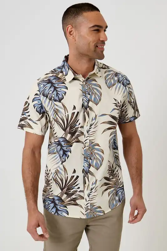 Leaf Print Cotton Short Sleeve Shirt - Threadbare
