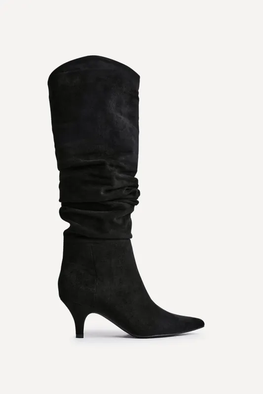 Esteem Black Faux Suede Ruched Kitten Heel Knee High Boot - Linzi