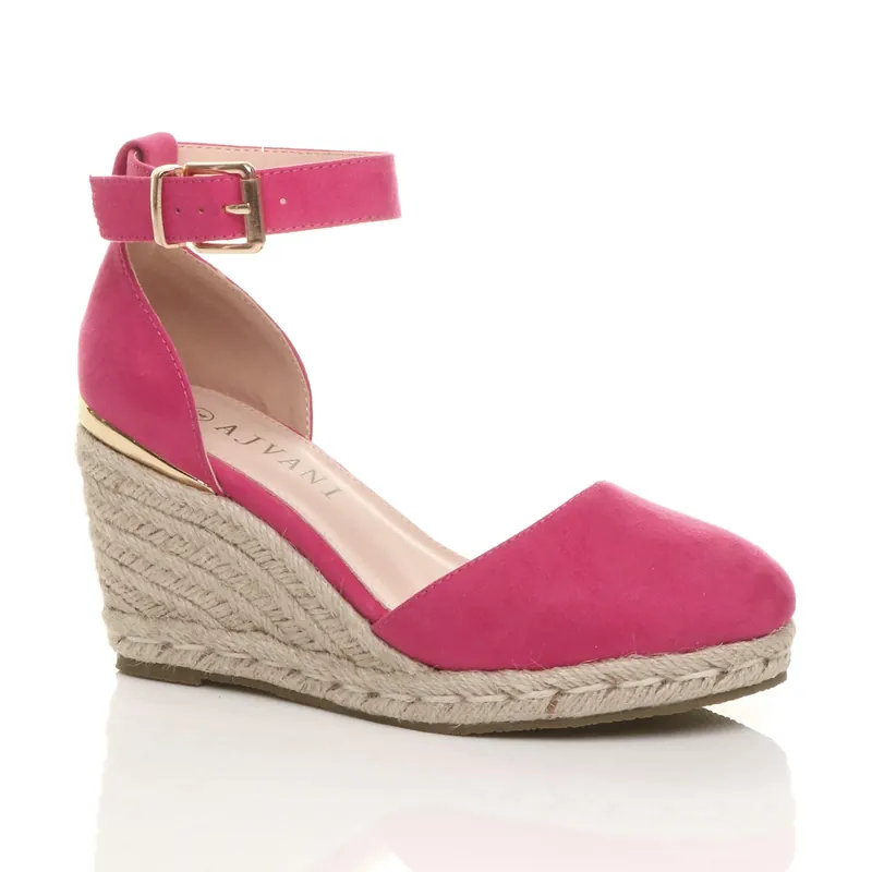 Mid Wedge Heel Ankle Strap Espadrille Sandals - AJVANI