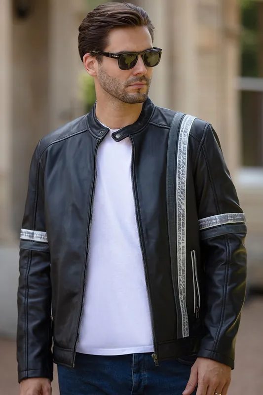 Real Leather Casual Jacket with Contrast Stripes - Ashwood Leather