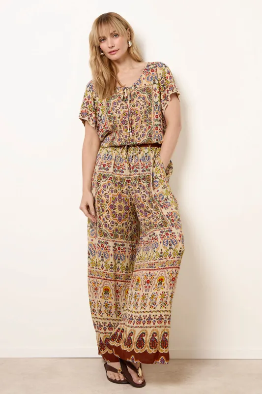 Multi Printed Shirred Waist Trousers - Blue Vanilla