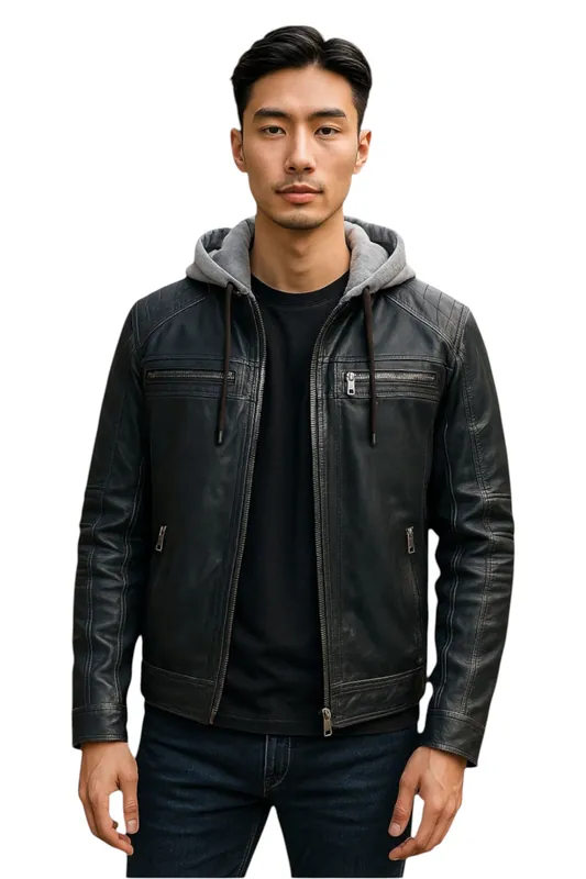 Hooded Biker Lamb Leather Jacket - Ingham