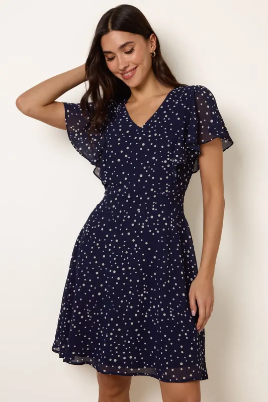 Navy Polka Dot V Neck Tie Back Mini Dress - Blue Vanilla
