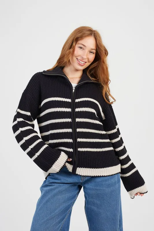 Stripe Zip Through Fisherman Knit Jumper - Brave Soul