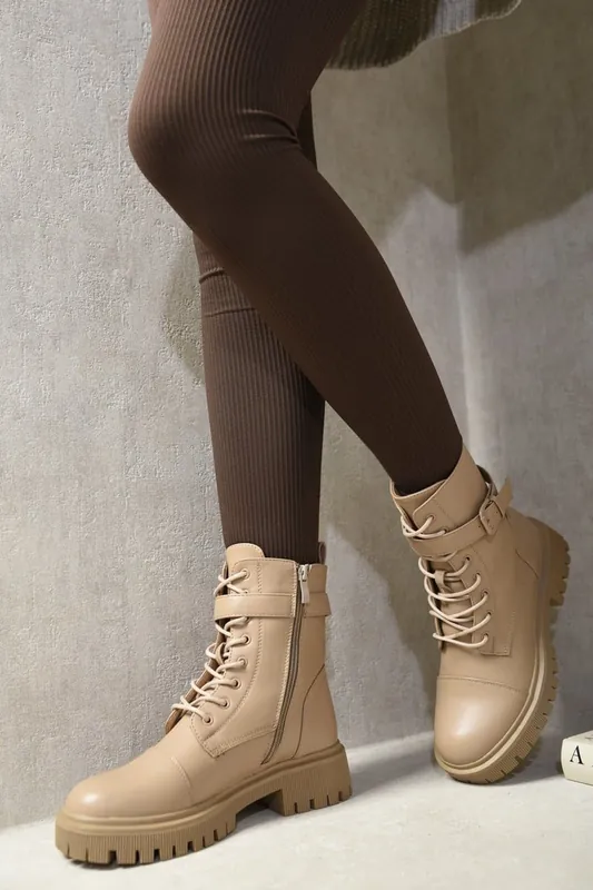 Ariella Lace Up Buckle Chunky Combat Boots - IKRUSH