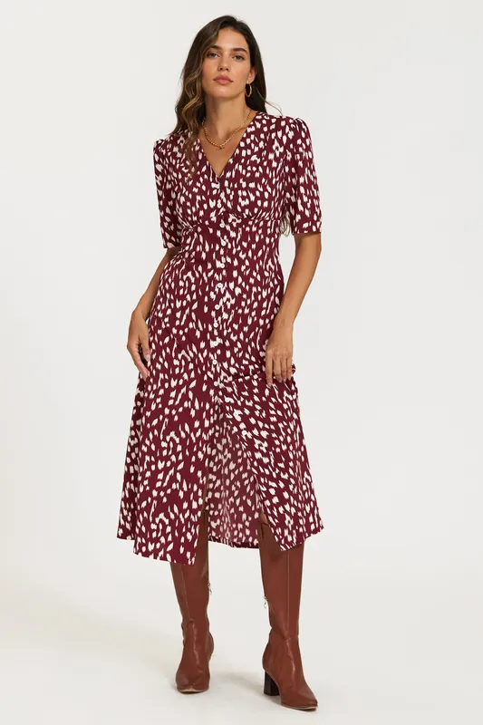 Brushstroke Print Button Front Midi Dress In Burgundy - FS Collection