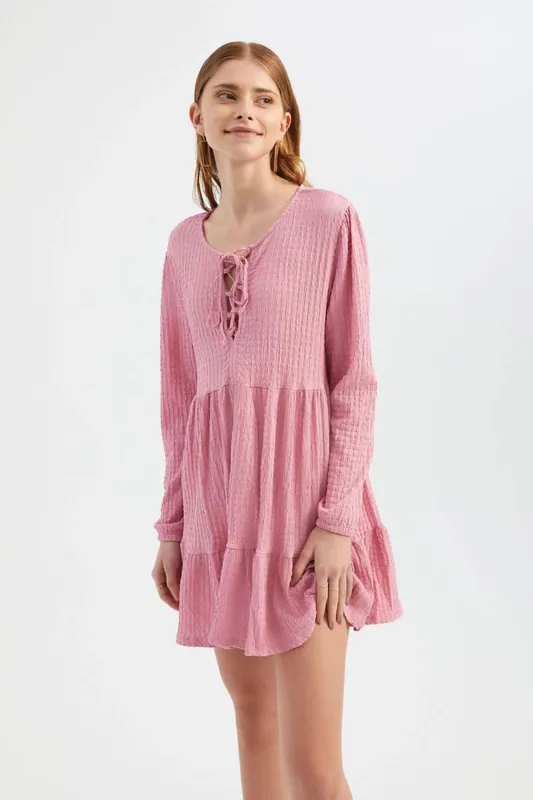 Smocked Round Neck Tie Front Tiered Long Sleeve Mini Dress - Hiccup