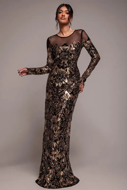 Floral Sequin Mesh Maxi - Goddiva
