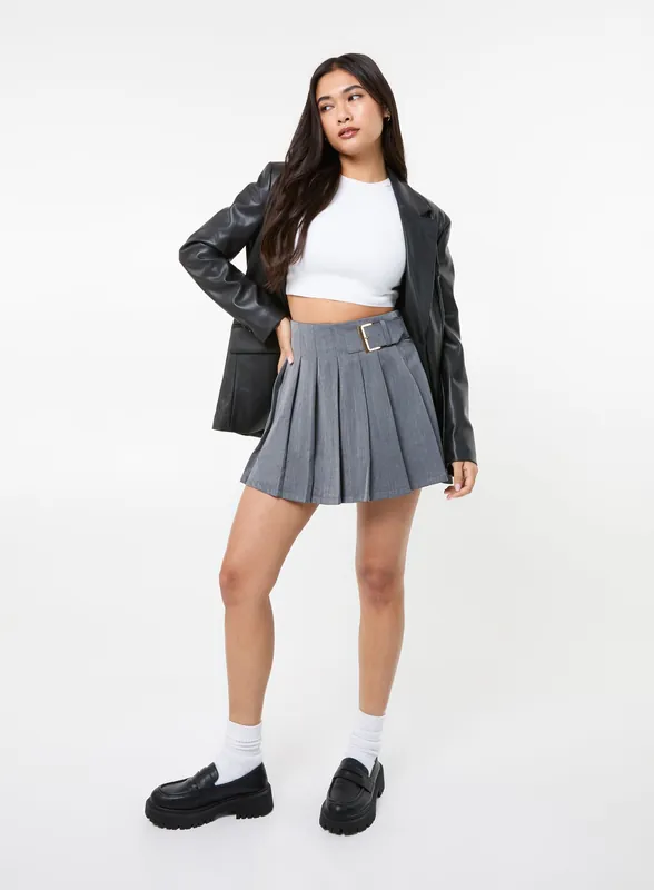Tailored Belted Pleat Mini Skirt - Pink Vanilla