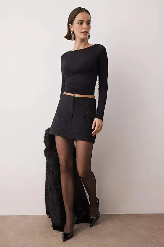 Low Waist Embellished Mini Woven Skirt - WOVCOR