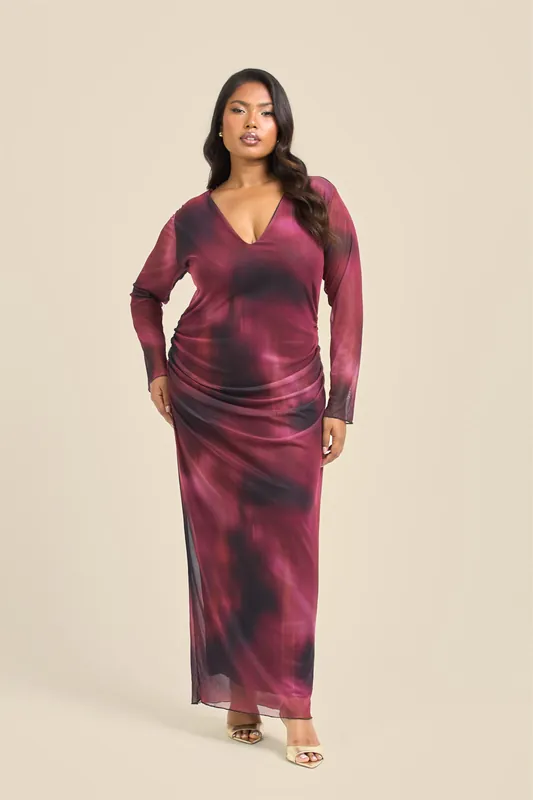 Curve Plunge Neck Burgundy Ruched Mesh Midaxi Dress - FASHION-SZN