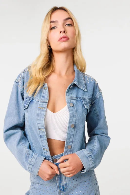 Light Blue Embellished Tassel Shoulder Denim Jacket - Pink Vanilla