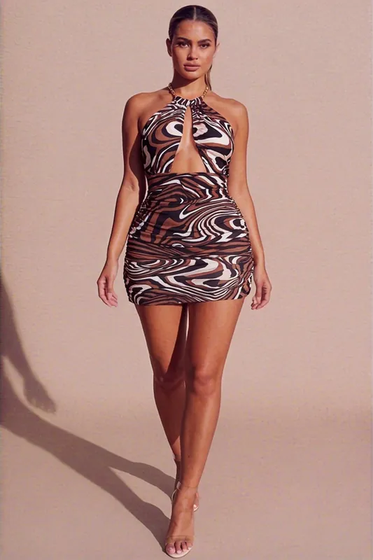 Marble Print Chain Halter Neck Crossover Detail Mini Dress - Femme Luxe