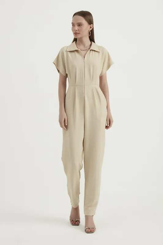 Polo Neck Pleated Short Sleeve Straight Leg Jumpsuit - Hiccup