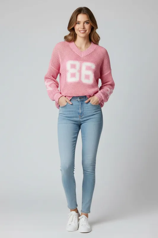 Fishnet Knitted V-Neck Jumper - Oversized - Jumper