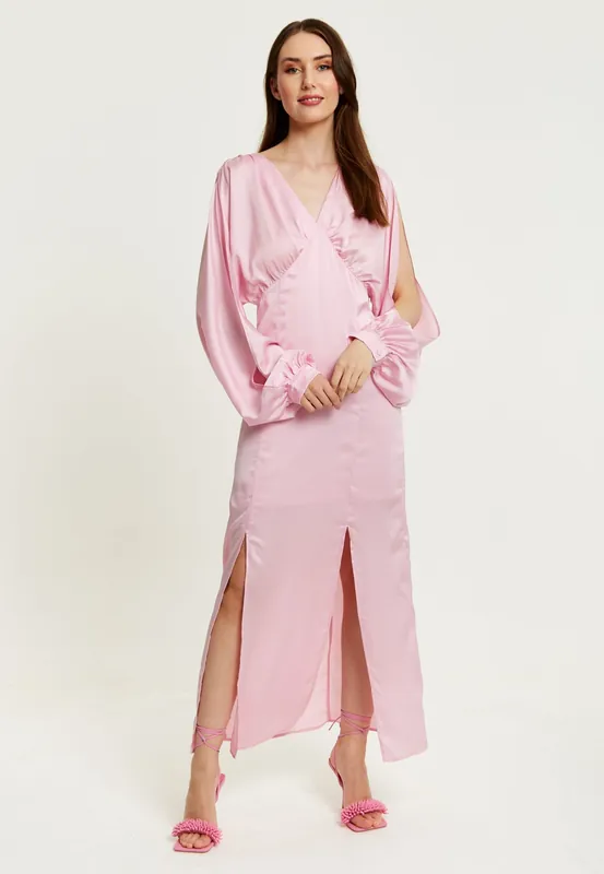 Light Pink Maxi Dress With Sleeve Slits - Liquorish