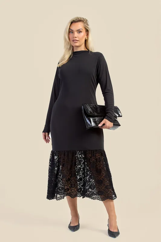 Curve Long Sleeve Drop Hem Dress With Lace - FASHION-SZN