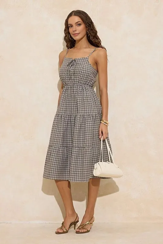 Check Tie Front Tiered Strappy Woven Midi Dress - WOVCOR