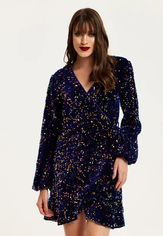 Royal Blue Velvet Based Multicolour Sequin Mini Wrap Dress - Liquorish