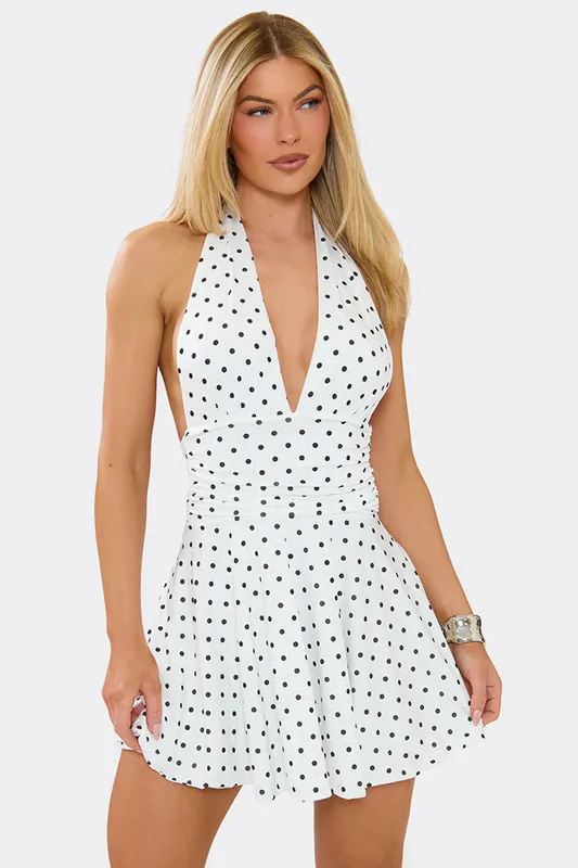 Sleeveless Flippy Hem Polka Dot Mini Dress - EGO