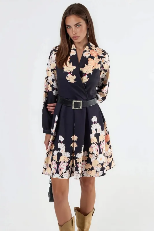 Floral Print V-Neck Belted Mini Dress