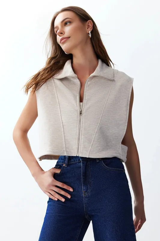 Stand-Collar Zip-Front Vest with Structured Panel