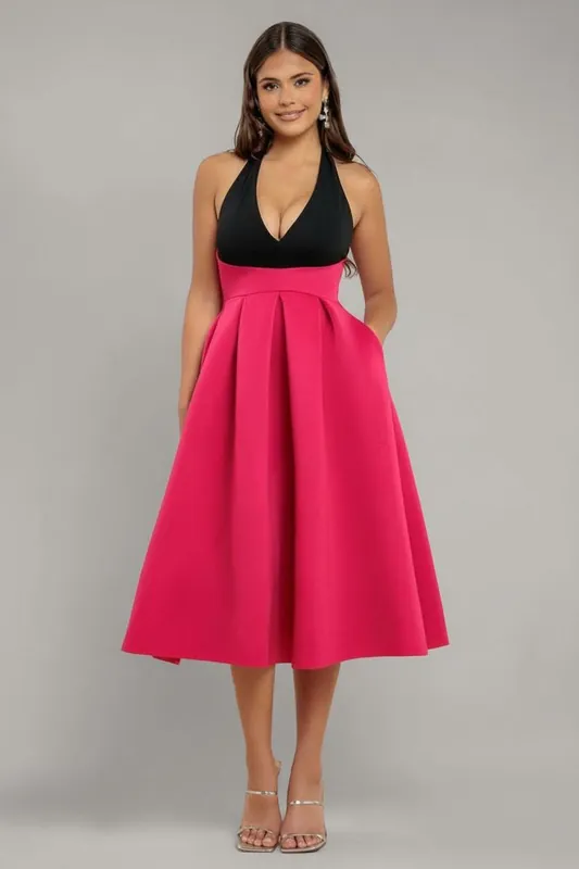Halter Neck Pleated A Line Midaxi Dress - Goddiva