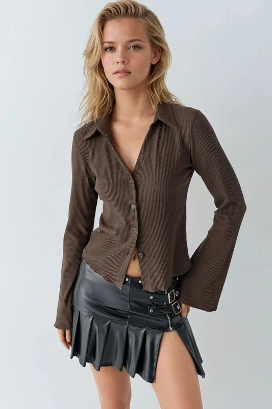 Long Sleeve Textured Blouse with Button Closure - Hiccup
