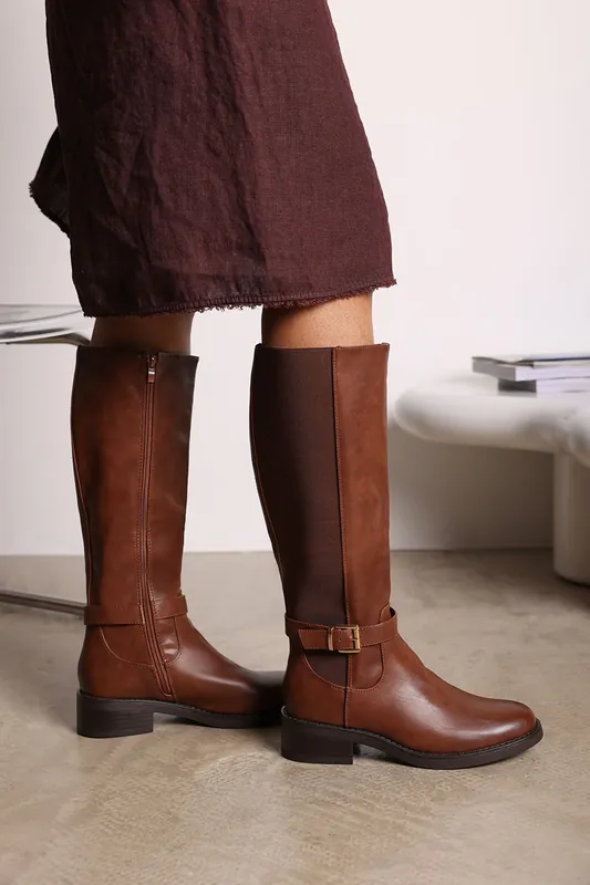 Oriana' Faux Leather Knee High Riding Boots With Side Buckle Strap - Where's That From