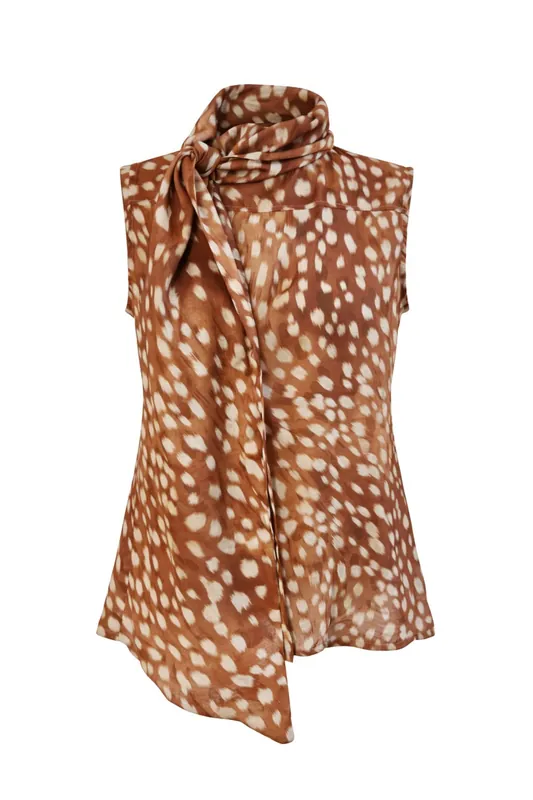 Leopard Print Choker Collar Blouse with Tie Detail - MixRay