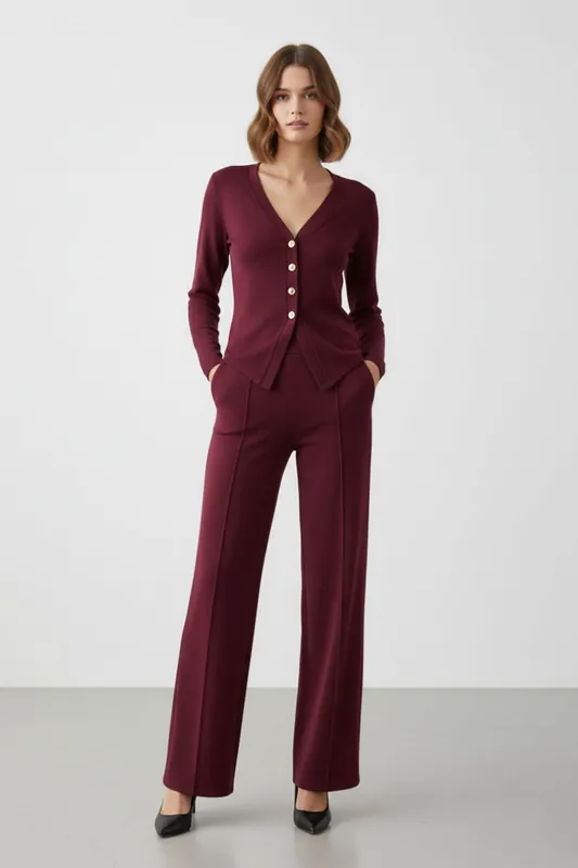 Long Sleeve Button-Up Top and Wide Leg Trouser Co-ord Set