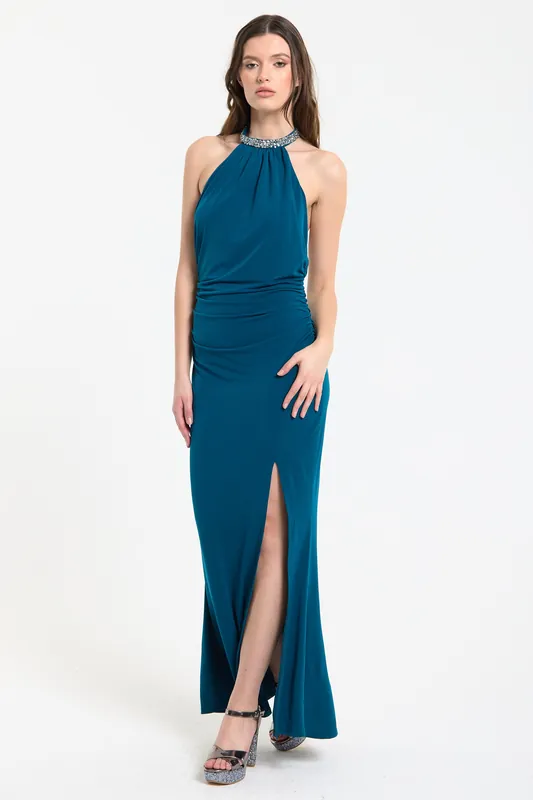 Teal Embellished Halter Neck Maxi Dress - Liquorish
