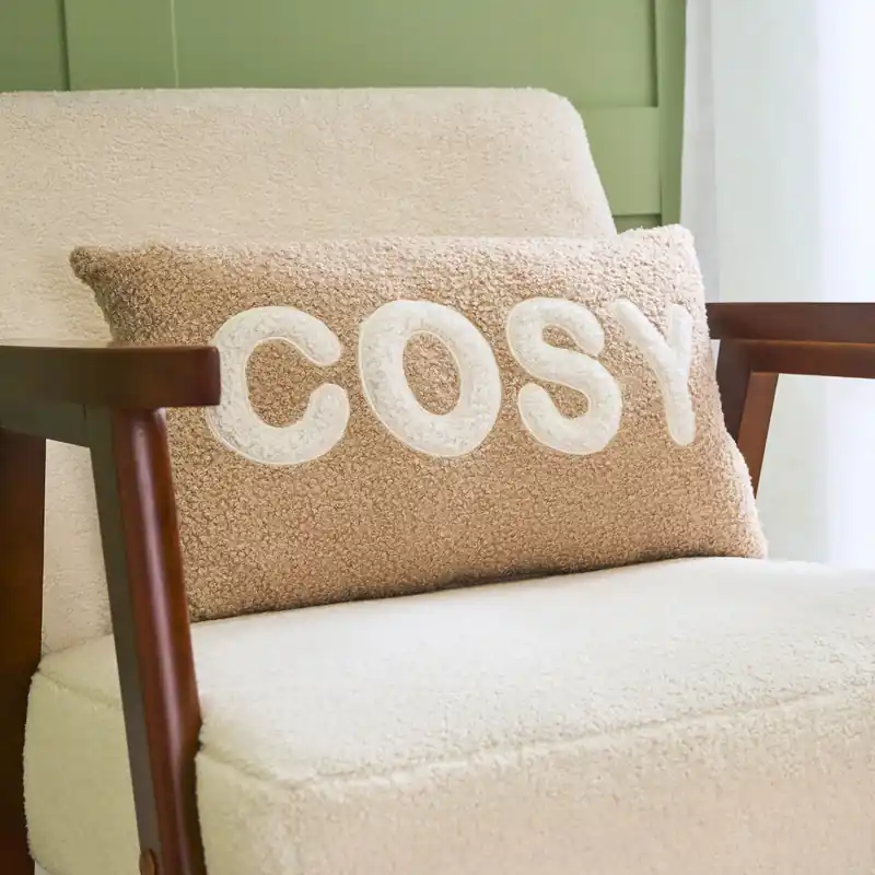 Cosy Slogan Soft Boucle Cushion Decorative Scatter Pillow, Natural - OHS