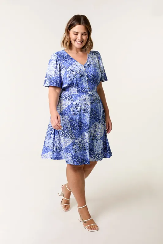 Blue Curve Shirred Waist Button Mini Dress - Blue Vanilla