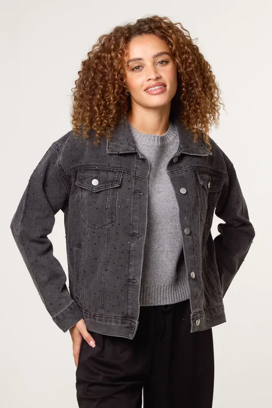 Black Embellished Denim Jacket - Blue Vanilla