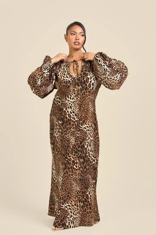 Curve Satin Statement Sleeve Leopard Print Maxi Dress - FASHION-SZN