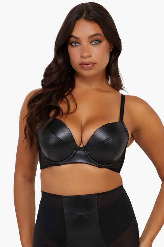Iris Black Leatherette Padded Plunge Bra - Playful Promises