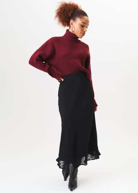Burgundy High Neck Chunky Knit Crop Jumper - Gini London