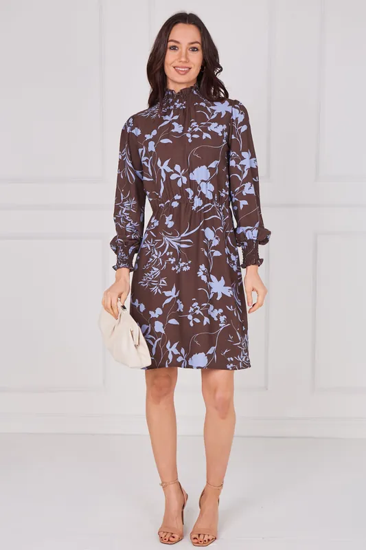 Chocolate and Powder Blue Floral Shirred Neck Dress - Love Sunshine