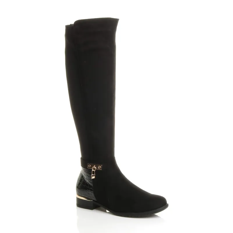 Low Block Heel Elastic Fitted Riding Faux Suede Knee High Boots - AJVANI