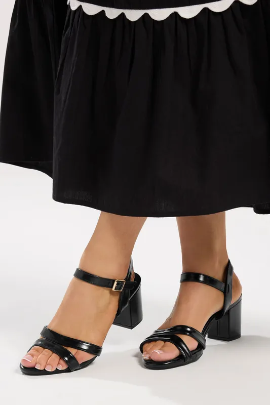 Faux Leather Mid Block Heel Sandals In Wide E Fit - Yours