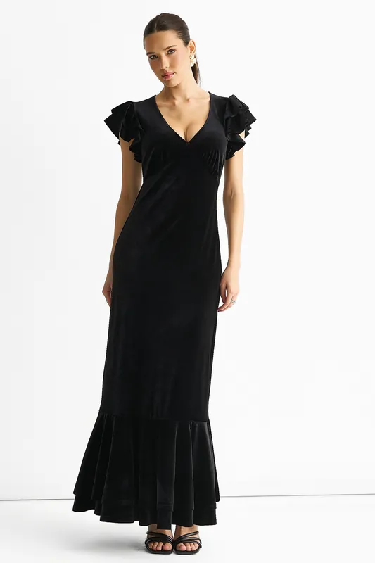 Black V Neck Ruffle Sleeves Velvet Occasion Maxi Dress - Gini London