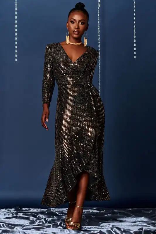 Sparkly Wrap Frill Hem Maxi Dress - Jolie Moi