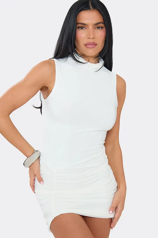 Sleeveless Ruched Slinky Mini Dress - EGO